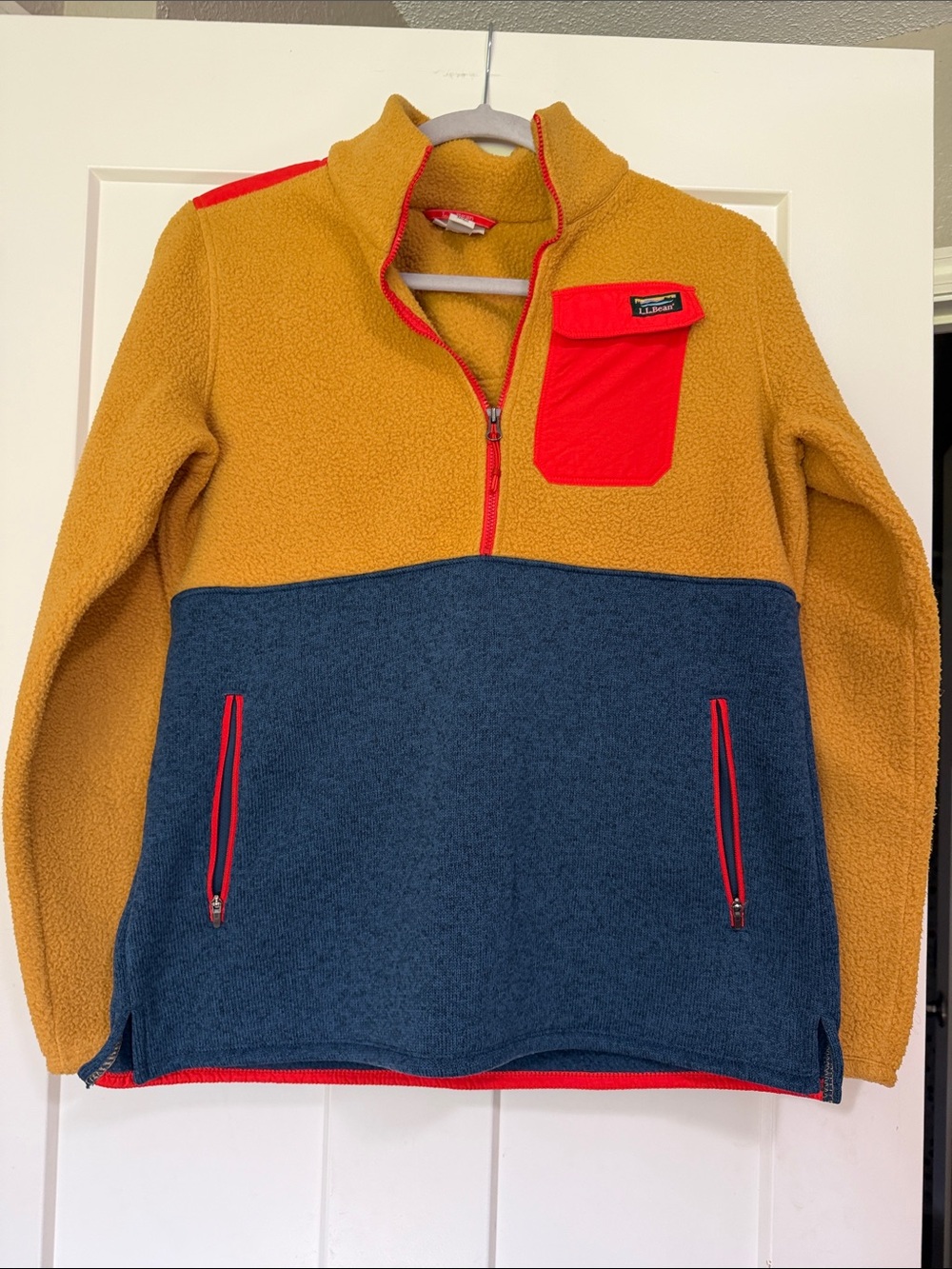 L.L. Bean women’s Colorblock Fleece Quarter-Zip - Mustard, Navy & Red Accents